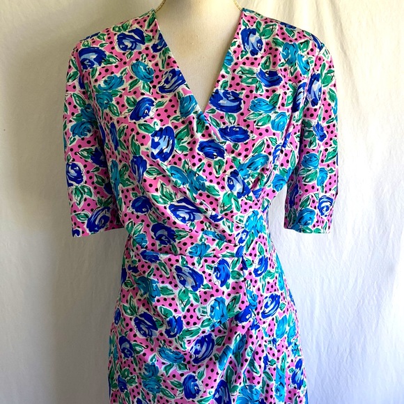 Vintage 1980s Pink Polka Dot Floral Cocktail Dress Sz 10 - Picture 4 of 12